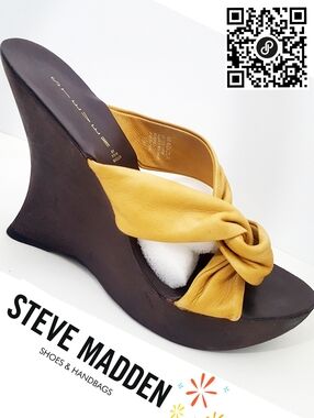 Madden🌾Mustard Knot Leather Wooden High Heel Wedge Sandals